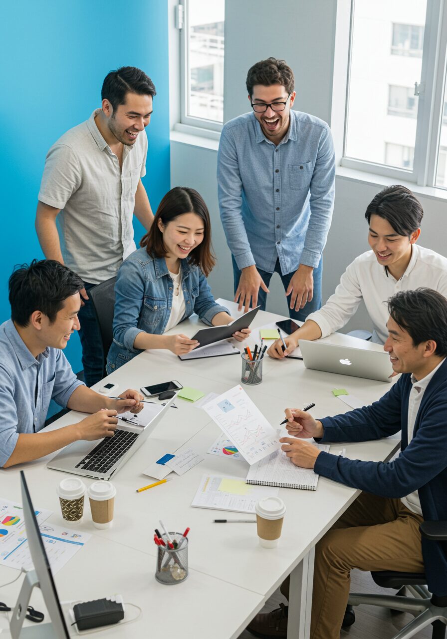 談笑するアジア人ビジネスマンたち